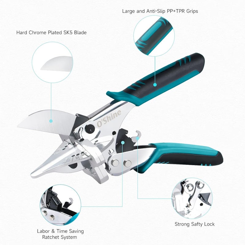 OSHINE O’Shine Ratchet Miter Shears for Angular Cutting Molding Crafting Wood, Quarter Round Cutting Tool, 45-135 Degree Multi Angle PVC Miter Shear Trim Cutter Hand Tool, An Extra Blade & Hex Key Included - Image 2